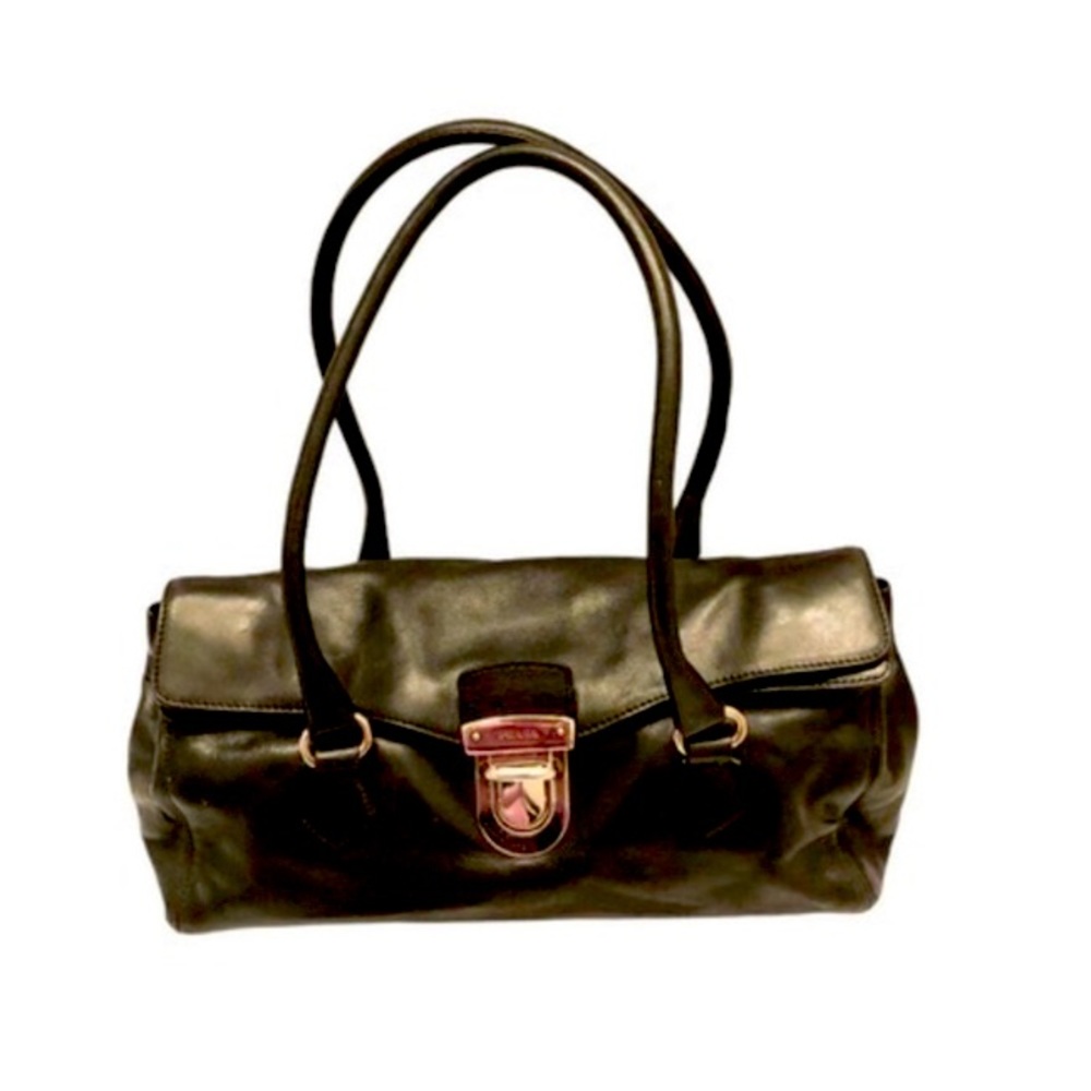 Prada black leather handbag w/ cards